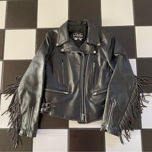 Vintage Leather Motorcycle Jacket Black Fringe Biker Punk Coat 12 Women’s